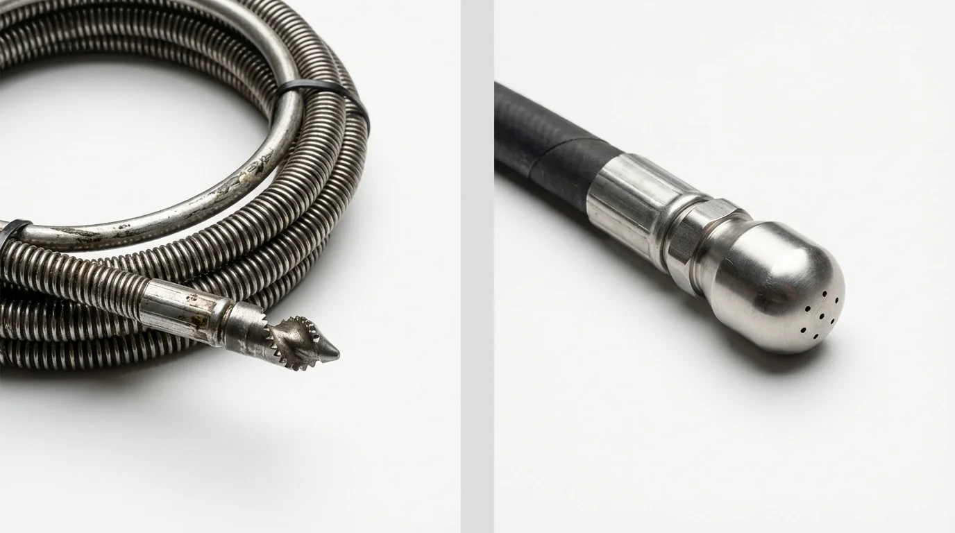 Drain snake cable and hydro jetting nozzle used for drain cleaning in Deerfield, NH