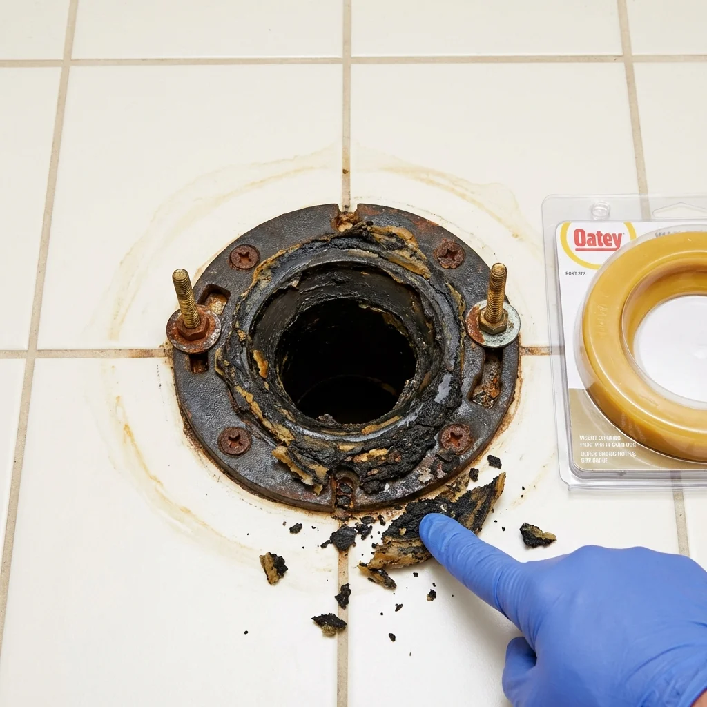 Failed wax ring showing water seepage at the base of a toilet in a Deerfield, NH home