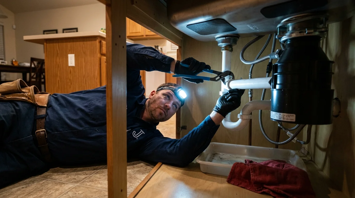 P-trap and supply line connections under a kitchen sink showing a common leak point in Deerfield, NH
